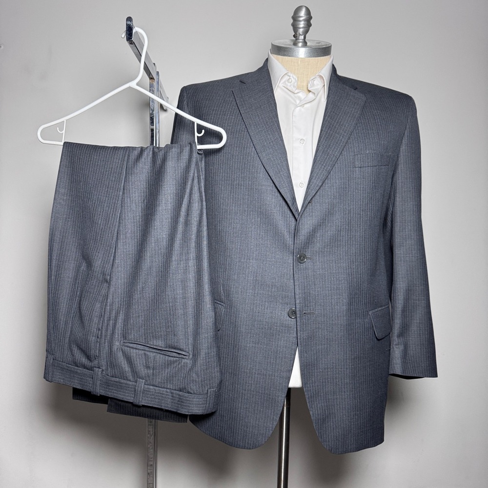 Tom James Suit Mens 42R 36x29 Grey Pinstripe 2 Button Single Vent Wool‎